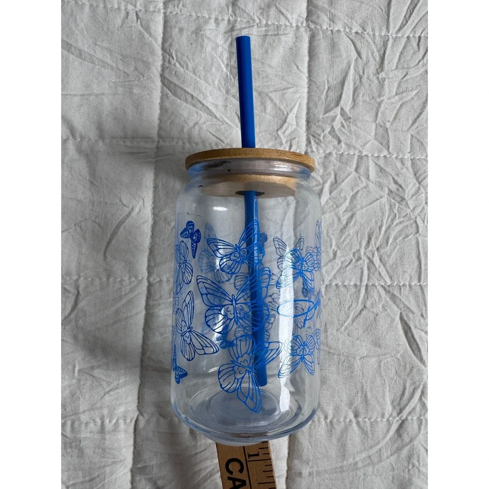 Dolly Parton Blue Butterfly NEW Glass Can Tumbler with Bamboo Lid and Straw 16oz